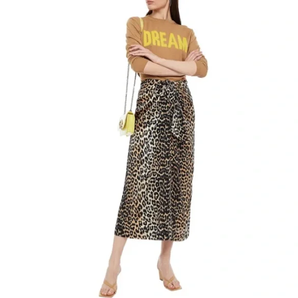 Ganni Skirts Ganni Bow Detailed Leopard Print Silk Blend Satin